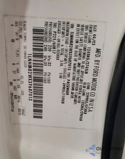 2003 Lincoln Town Car Signature z USA, uszkodzony, nr VIN 1LNHM82WX3Y687013